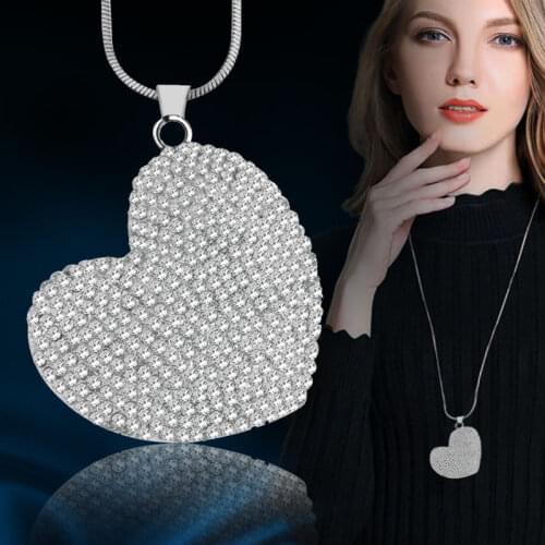 LEEKER Full Rhinestone Big Heart Pendant Long Necklace Snake Chain Women Statement Jewelry 238 LK2