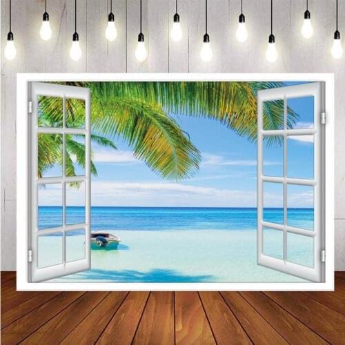 Summer Tropical Beach Backdrop Hawaiian Seaside Sunset Palm Tree Photography Background White Wooden Windows Party Photo Studio