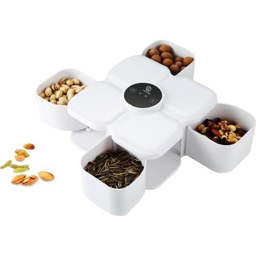 LIHUACHEN Automatic Induction Rotating Shrink Snack Plastic Storage Box,4 Compartment Food Candy Box Nut Dried Fruit Plate