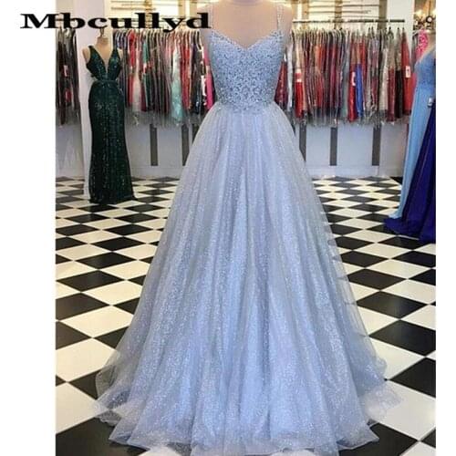 Mbcully Blue Tulle Long Prom Dresses For Women 2020 Spaghetti Strap A Line Applique Lace Evening Dress Party Gown Customize