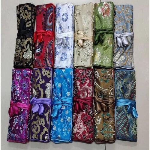 Fashion Make up Wrap Jewelry Roll Travel Storage Bag Necklace Earring Ring Clutch Bag Silk Women Zipper Cosmetic Pouches