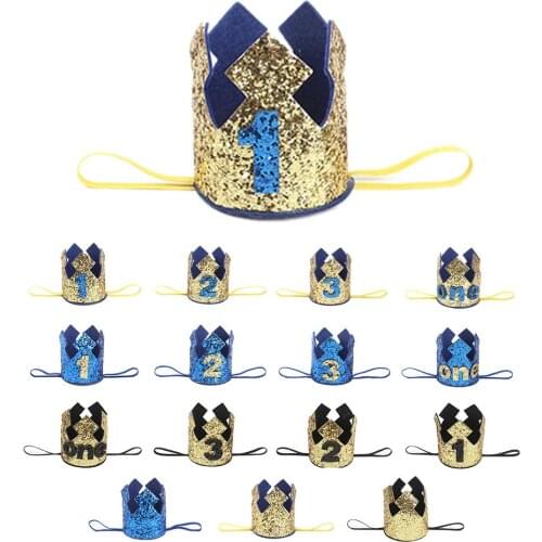 New Gold Boy First Birthday Hat Glitter Princess Crown Number 1st 2 3 Year Old Party Baby Shower Decor Headband Kids Gifts