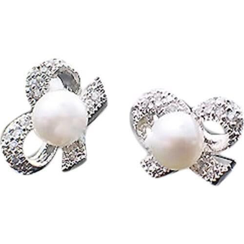 New Fashion Jewelry Accessories 1 Pair Bow Shaped Simulated Pearl Woman Earrings Color Silver Plated Drop Shipping EAR-0700