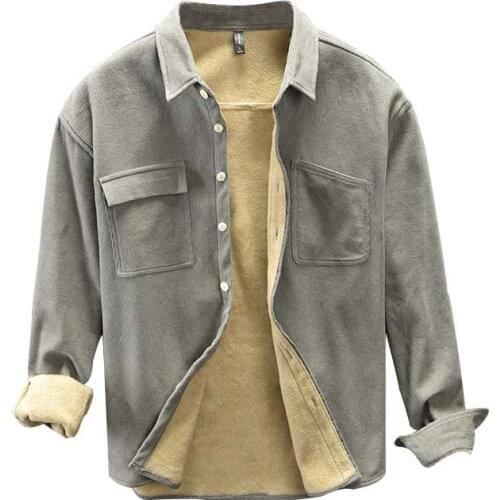 Autumn Winter Shirts Men Fleece Lined Shirt Tops With Pockets Long Sleeve Brushed Fabric Warm Male Tops Casual