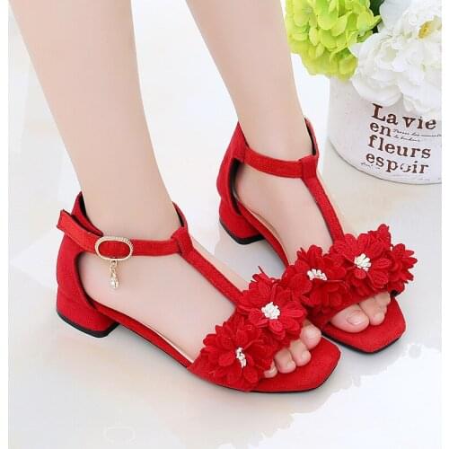 Princess High Heels Wedge Fashion Flower Dress Shoes Summer Girl Dance Party Children Kid Sandals 3 5 6 7 8 9 10 11 12 Years Old
