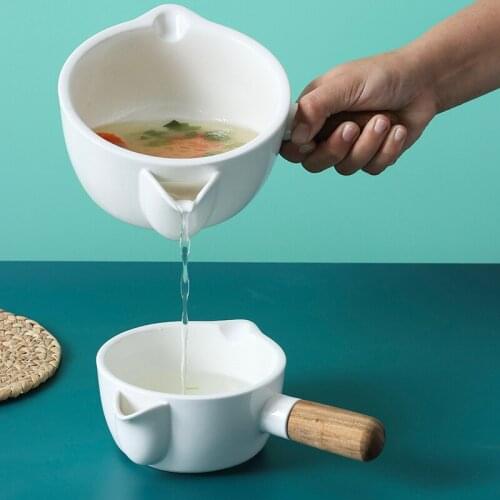 Soup oil separator ceramic wooden handle soup bowl filtration filter oil removal drink soup oil skimming kitchen gadget