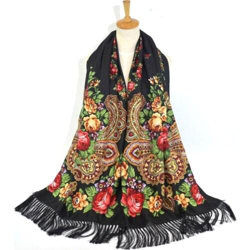 200*70cm Russian National Wind Print Scarf Female Retro Floral Cotton Fringed Scarf Shawl Head Wraps Foulard Femme Hijab Scarf
