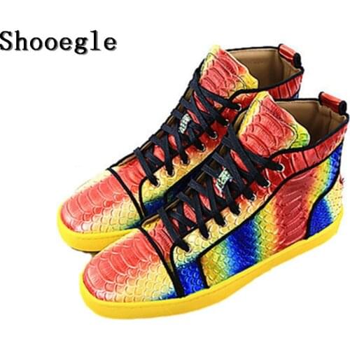 SHOOEGLE Snakeskin Men Shoes Casual Espadrilles Colorful Printing Sneakers Platform Mens Ankle Boots High Quality Shoes Man