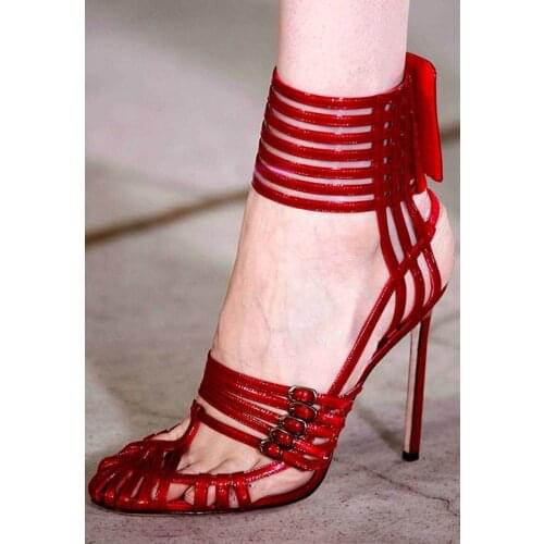 Sexy Crossed Buckle Strap Sandals High Heels Cut out Stiletto High Heels Dress Shoes Red Beige Lace-up Cage Shoes