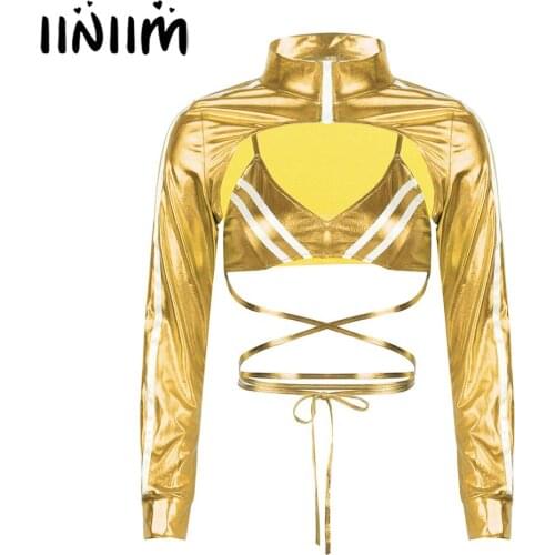 Womens Adult Shiny Metallic Stand Collar Shrug Blouses Crop Tops with Criss-Cross Bra Top for Hip Hop Stage Performance Clubwear
