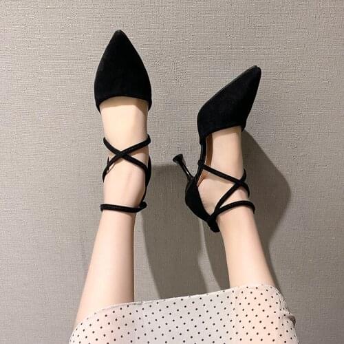High Heels Shoes Woman Cross-Tied Flock Pointed Toe Thin Heels Pumps Shoes Female Nude Elegant Sandals Wedding Shoes W32-05