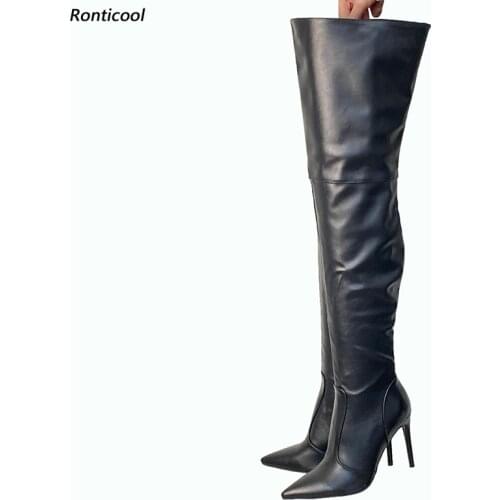 Ronticool Handmade Quality Women Winter Thigh High Boots Sexy Stiletto High Heels Pointed Toe Black Shoes Women Us Size 5-15