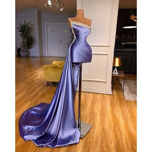 Robe De Soriee 2021 Long Train Evening Dress New Arrival One Shoulder Luxury Beads Dubai Arabic Women Violet Prom Formal Gowns