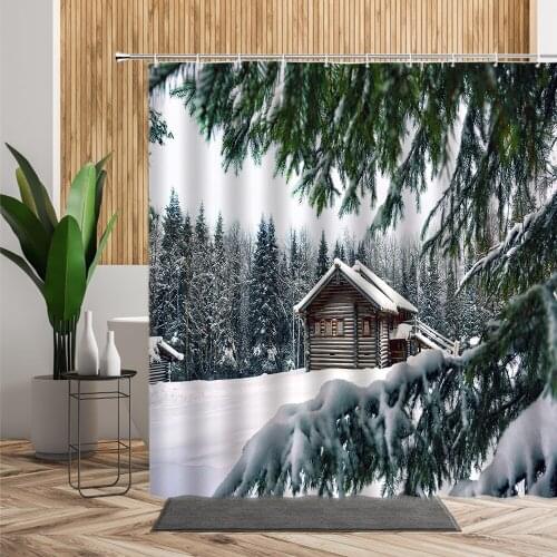 Winter Landscape Shower Curtains Snowflake Wooden House Tree Ice Lake Surface Snow Scene Home Decor Bathroom Bath Curtain Screen