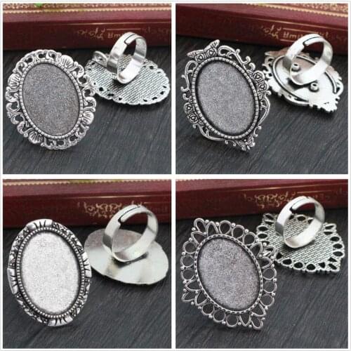 18x25mm 5pcs Antique Silver Plated 4 Style Brass Oval Adjustable Ring Settings Blank/Base,Fit 18x25mm Glass Cabochons