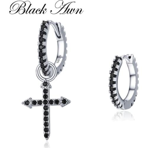 Black Awn 925 Sterling Silver Round Black Trendy Spinel Engagement Cross Hoop Earrings for Women Fine Jewelry Bijoux I203