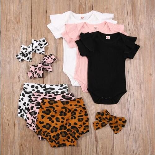 Infant Baby Three Piece Set Babys Solid Color Short Sleeve Knitted Romper Leopard Print Shorts Hair Band Girls Babys Sets