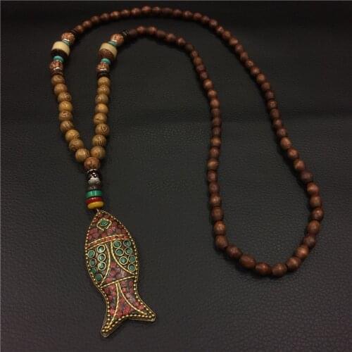 Fashion Evade Fish Ethnic Long Necklace,Stones Plate Nepal Jewelry,Handmade Sanwoods Vintage Bodhi Pendants Necklace