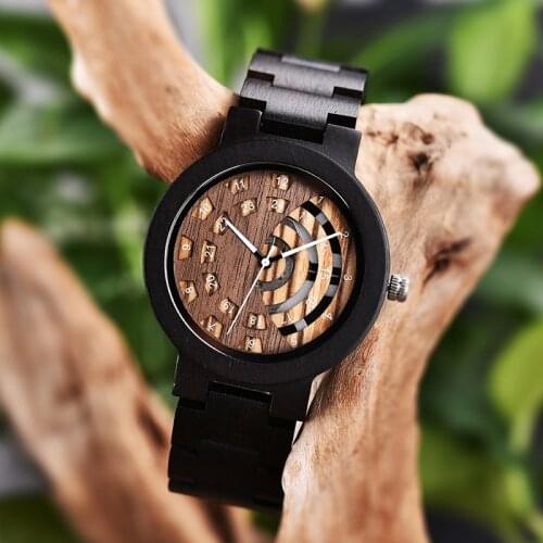 Mens Ebony Wood Watch 100% Natural Wooden Quartz Watch with Full Wood Strap Adjustable 24 Hour Display Easy to Read Wholesale