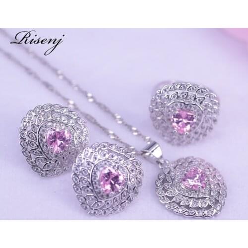 Roamntic Present Heart Square Jewelry Set Pink Zircon For Women Hoop Earrings Necklace Ring Set Bridal Jewelry