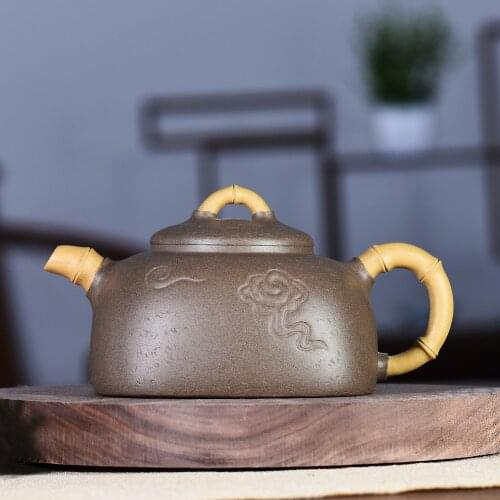 340cc Chinese Yixing Teapot Handmade Qing DuanNi Clay Square Lucky Cloud Zisha Tea Pot by Hu Aojun