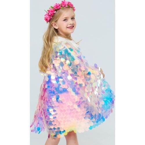 Fashion Girls Sequin Capes Cloak Rainbow Fish Scale Cape for Children Christmas Halloween Cosplay Little Memaid Princess Costume