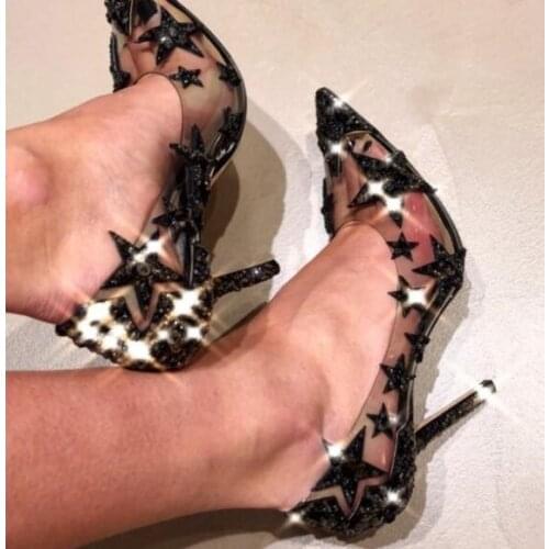 Moraima Snc Black Rhinestone Stars Clear PVC Stiletto Heels Pumps Sexy Pointed Toe High Heel Shoes Woman Party Wedding Shoe