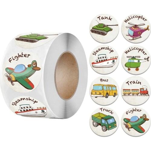 8 Cars Pattern Reward Sticker for Kids 50-500pcs Cute Cartoon Bus Tank Train Truck Round Sealing Labels for Encourage Children