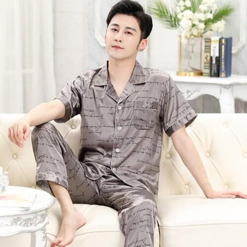 Spring Summer Thin Ice Silk Mens Pajamas Set Stain Print Leisure Sleepwear Loose Soft Short Sleeve Pajama Pants Tops Homewear