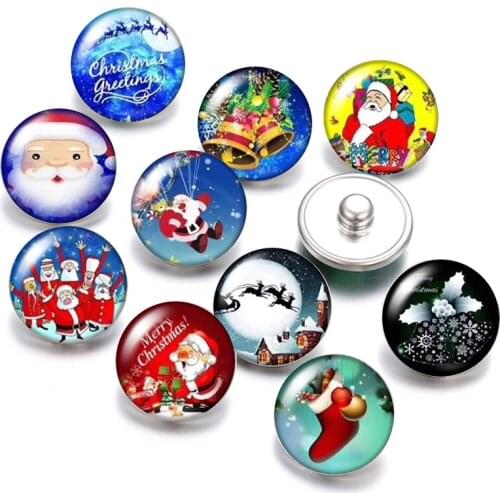 DB0433 Merry christmas tree sock candy 18mm snap buttons 10pcs mixed round photo glass cabochon style for snap button jewelry