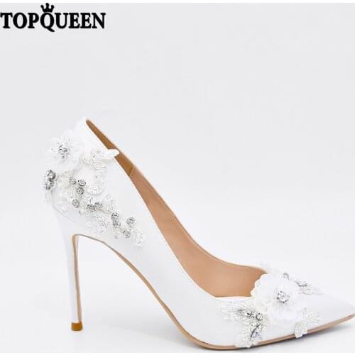 TOPQUEEN-A11 Ivory Lace Heels With Ribbon Tie Handmade wedding shoes are beautiful and elegant