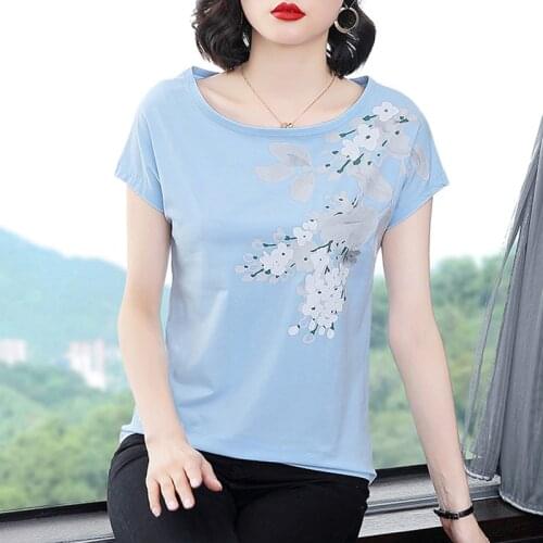Print Short Sleeve Womens T-shirt Fashion Batwing Sleeve Women Basic T Shirt Blue O Neck Top Summer Casual All-match Tee Shirt