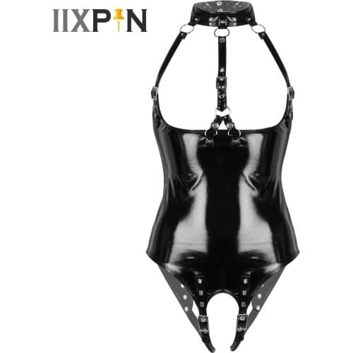 Womens Wet Look Patent Leather One-piece Open Cups Sexy Lingerie Halter Bare Breast Crotchless Leotard Bodysuit Teddies Costume