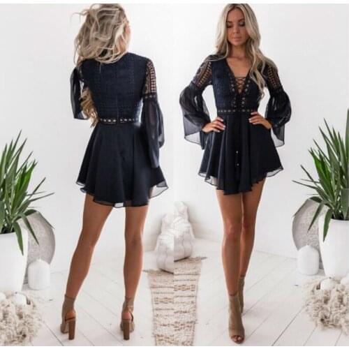 Uguest Women Lace Dress Sexy Lace Bandage Flare Long Sleeve V-neck Hollow Out Above Knee A-line Elegant Summer Spring Dress