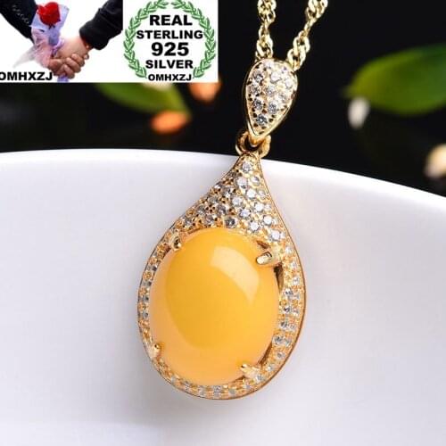 OMHXZJ Wholesale European Fashion Woman Girl Party Gift Water Drop Amber Zircon 925 Sterling Silver Necklace Pendant Charm CA15