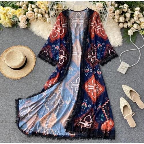 Womens spring summer runway fashion print chiffon dress female casual loose sunscreen plus size beach chic dress TB314