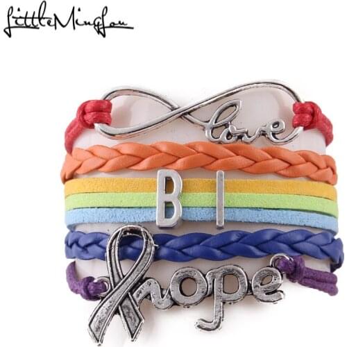Little MingLou Infinity love BI Bracelet ribbon hope Charm LGBT Awareness leather wrap men bracelets & bangles for Women jewelry