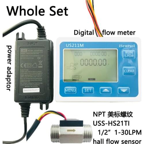 US211M Digital Flow Meter with NPT Thread Flow Sensor USS-HS21TI NPT1/2" DN15 1-30LPM Show Total Current Flow iSentrol