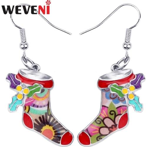 WEVENI Enamel Metal Christmas Socks Mistletoe Earrings Dangle Drop Navidad Party Gift Jewelry For Women Girls Teens Accessories