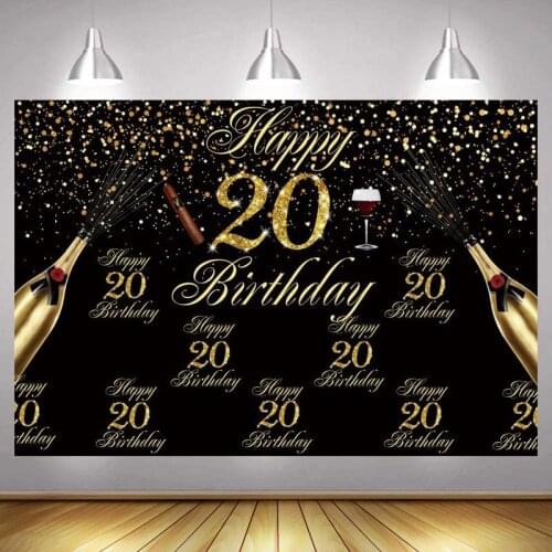 20th Photo Backdrop Boys Black Gold Happy Birthday Party Custom Girls Champagne Decoration Photography Backgrounds Banner