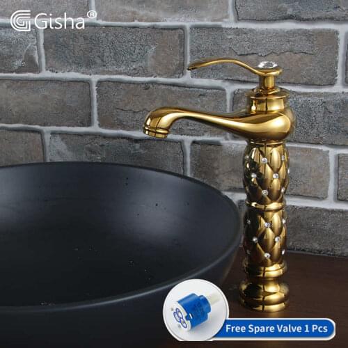 Gisha Luxury Golden Plated Polish Bathroom Basin High Long Style Faucet Deck Mounted Single Handle Sink Faucets Mixer Tap G1006