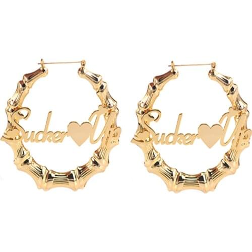 Noelia Personalized Custom Name Earrings Exaggerated Bamboo Hoop Earrings with Heart Stainless Steel Hanging Earrings Jewelry