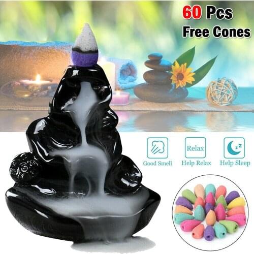 Ceramic Backflow Incense Burner Lotus Smoke Waterfall Censer Holder with 60 Pcs Incense Cones for Focus Sleep Relax Better