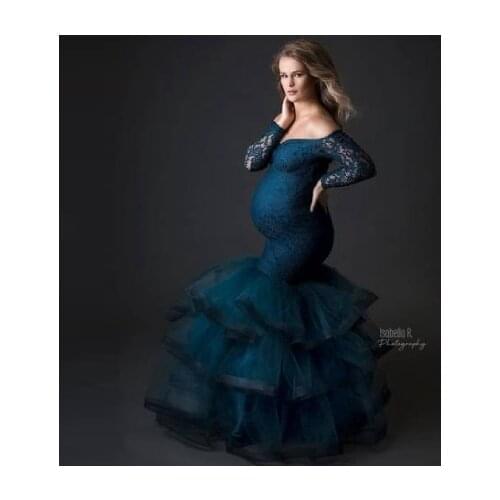 Classic Mermaid Maternity Dresses Long Sleeves Strapless Tiered Flouncing Tulle Bridal Pregnancy Photo Dressing Gowns