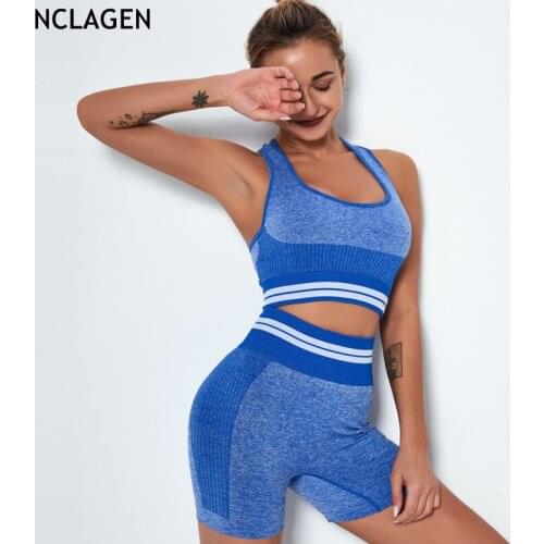 NCLAGEN Seamless Suit Knitted Women Sportwear 2 Piece Yoga Set Fitness Bra Short Sport Outfit Running High Elastic Gym Clothes