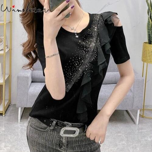 Summer European Style Cotton T-Shirt Sexy Ruffles Shiny Diamonds Women Tops Short Sleeve Casual Bottoming Shirt Tee New T13113A