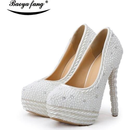Fashion Platform pearl Women Wedding shoes Bridal beads heel party dress shoes white pearl high heels woman Pumps free shipping