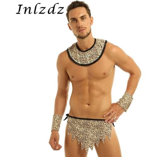 Men Leopard Lingerie Set Print Savage Costume Caveman Cosplay Set Collar Loincloth and Wristbands for Party Halloween Dress Up