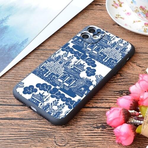 For iPhone Blue Willow Chinoiserie Blue And White Porcelain Inspiration Print Soft Matt Apple iPhone Case