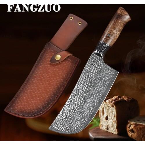 FANGZUO 7" Damascus VG10 Cleaver Knives Japanese Style Stable Wood Kitchen Chef Knife Carved Leather Sheath Cooking Tools